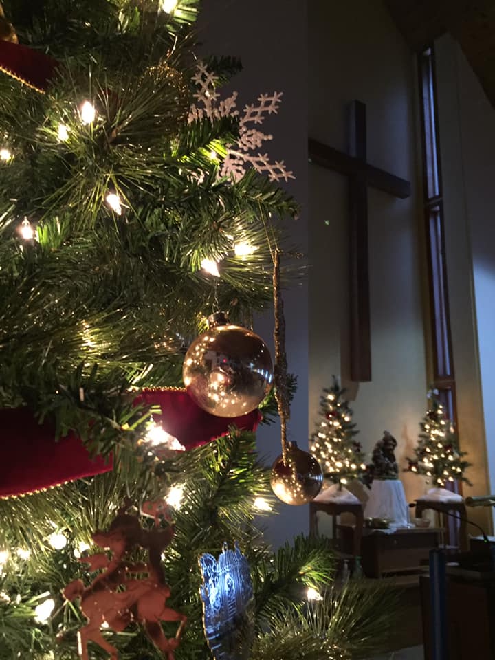 Close up of Christmas tree with lights near the alter.